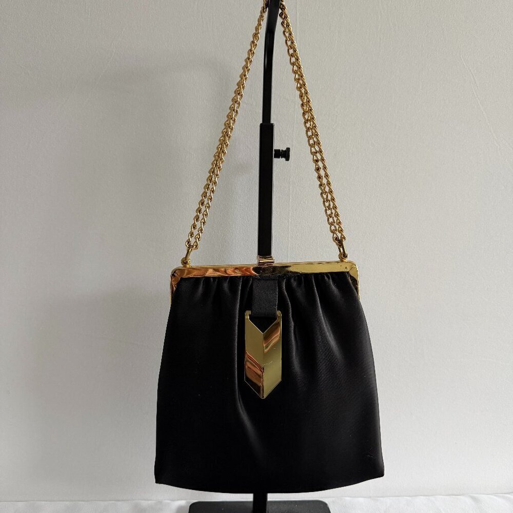 Vintage Black Satin Gold Chevron Formal Shoulder Bag 50s 60s - Picture 3 of 16
